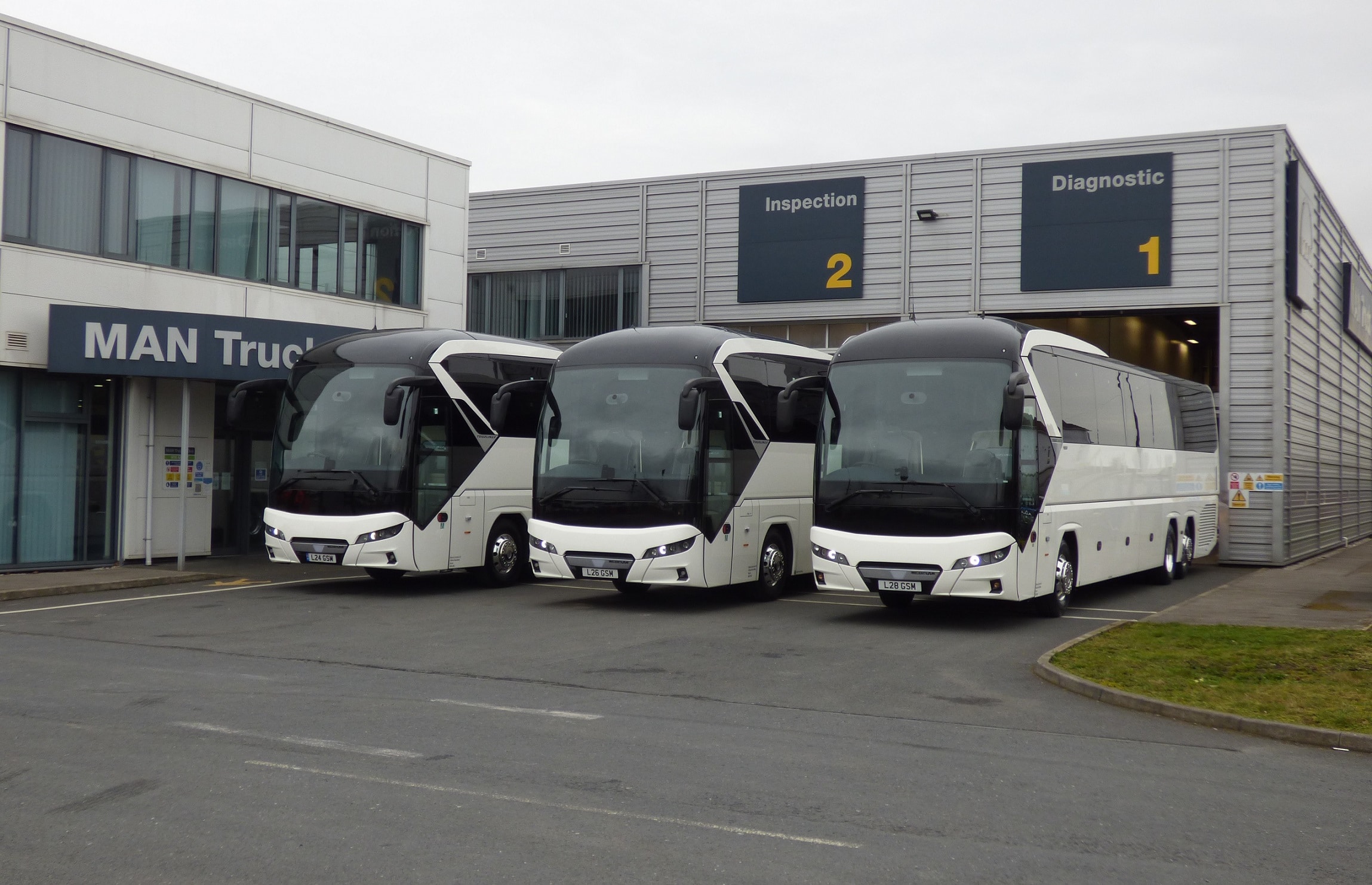 Maynes Coaches Neoplan Tourliners line up