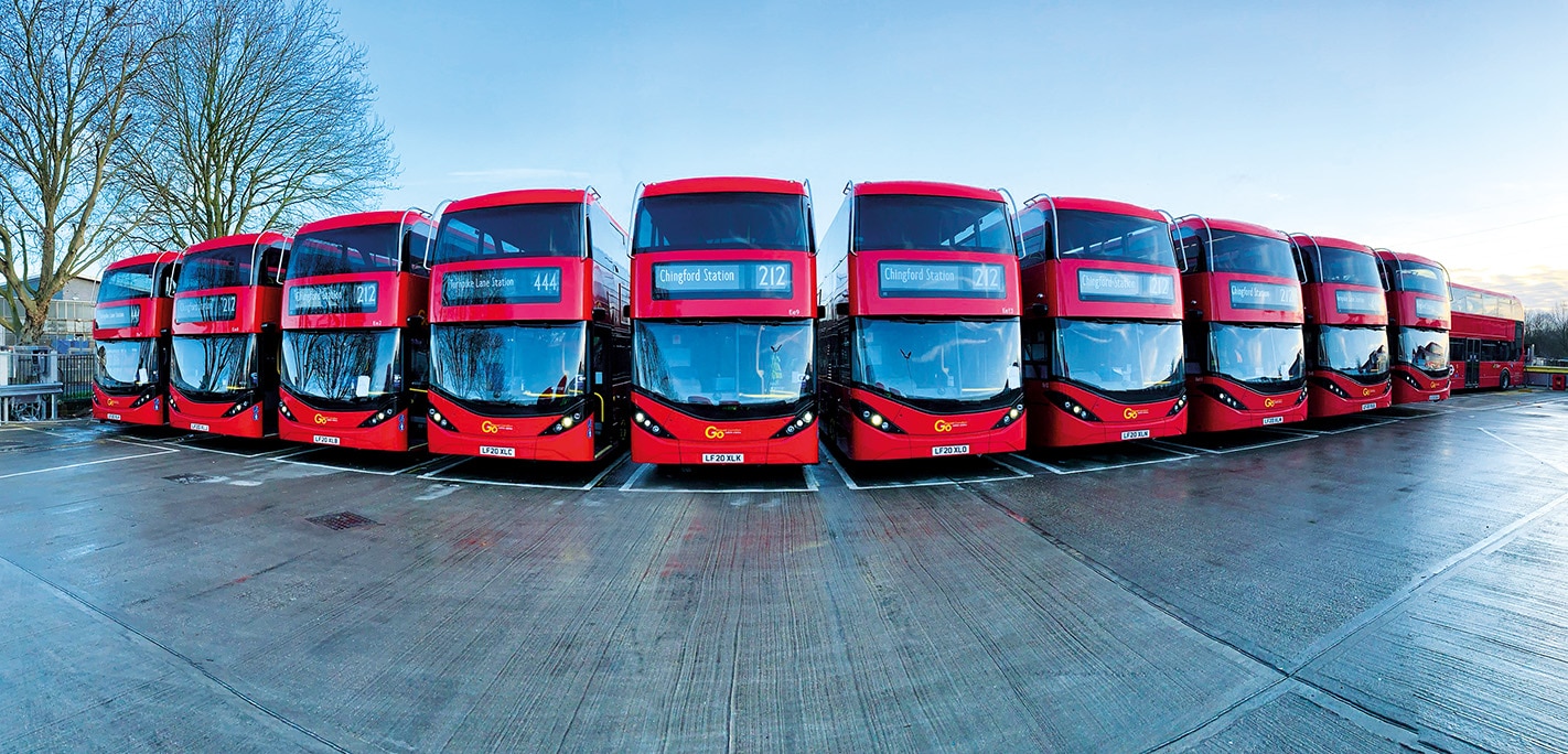Bus to grid vehicle to grid London Northumberland Park depot buses lined up