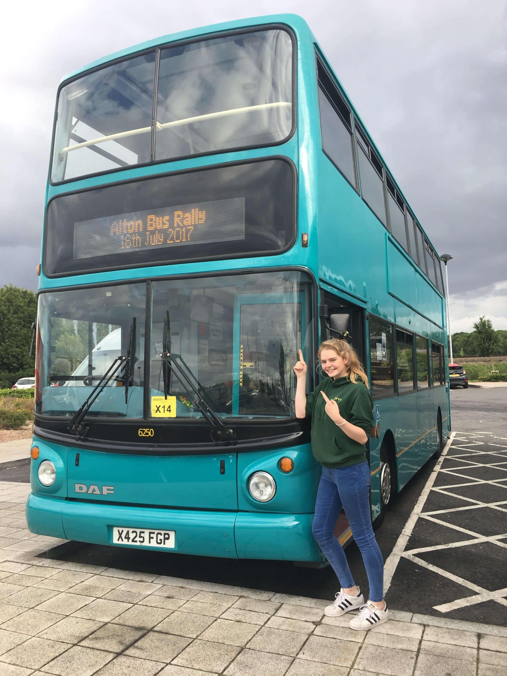 Liv with her double-decker DAF, which she bought with the help of a family friend aged 15 