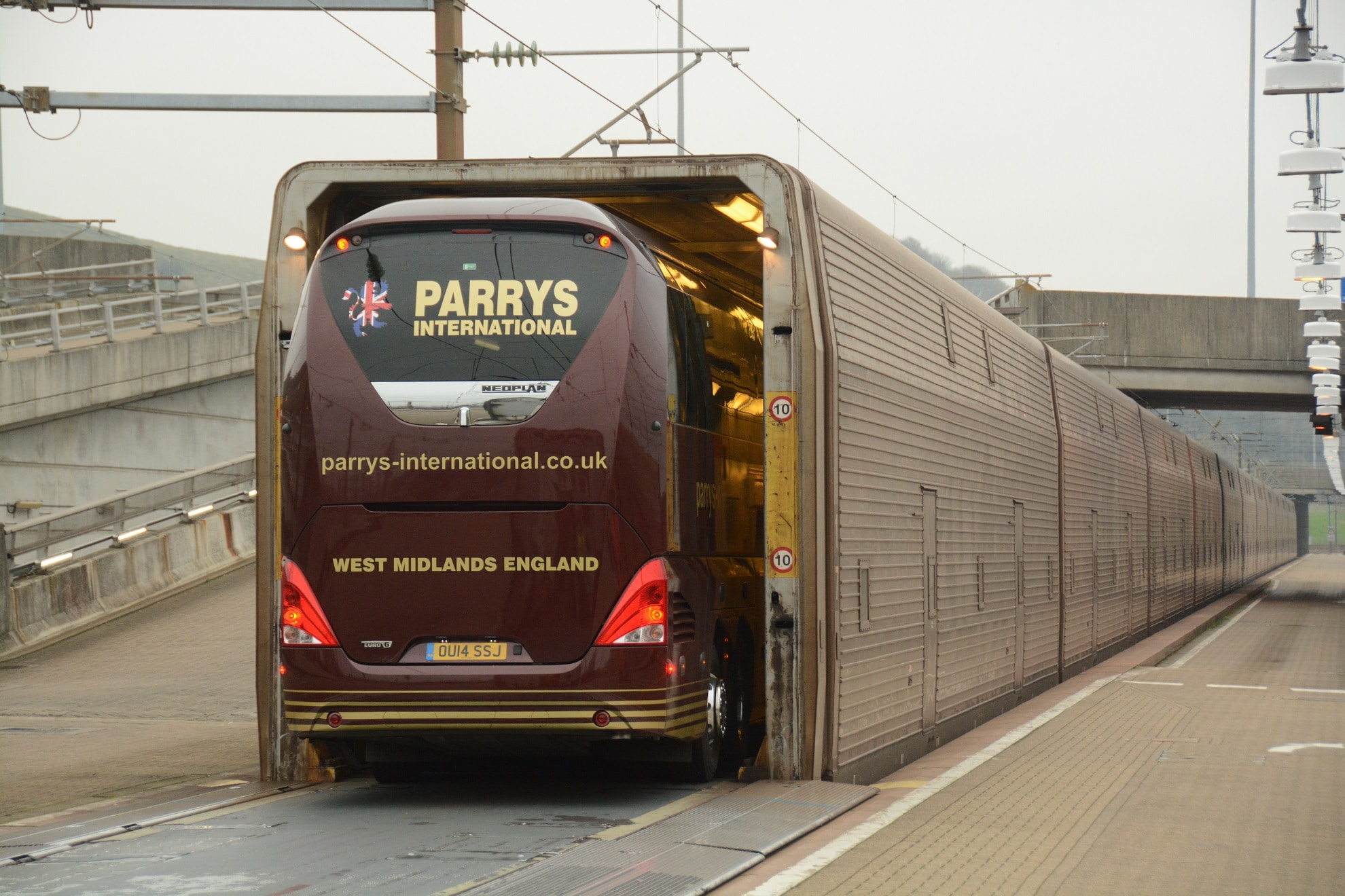 Coaches boarding Eurotunnel shuttle train