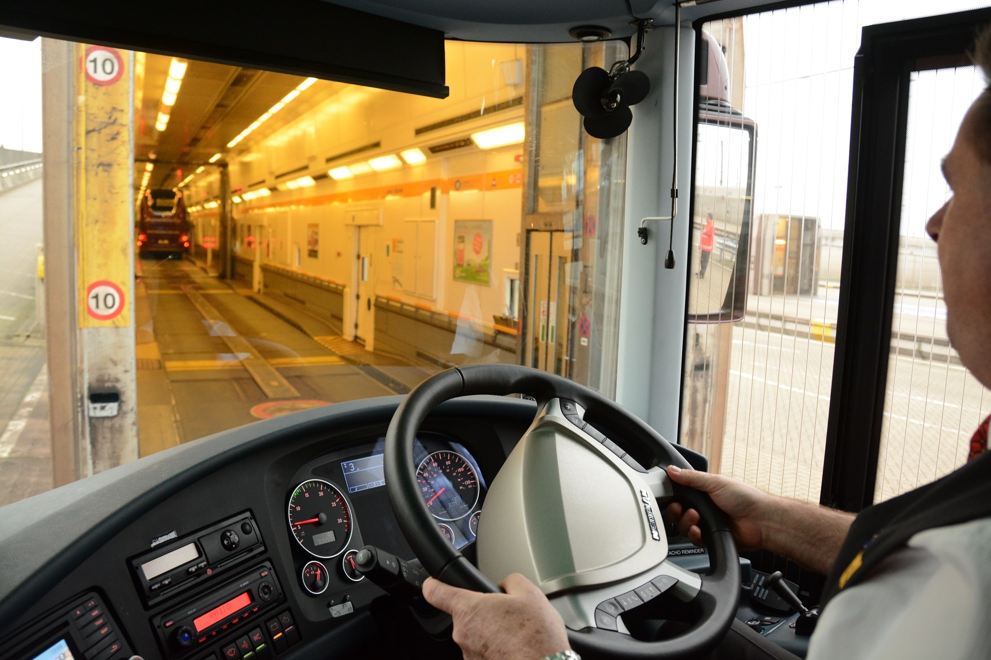 Coaches boarding Eurotunnel shuttle train