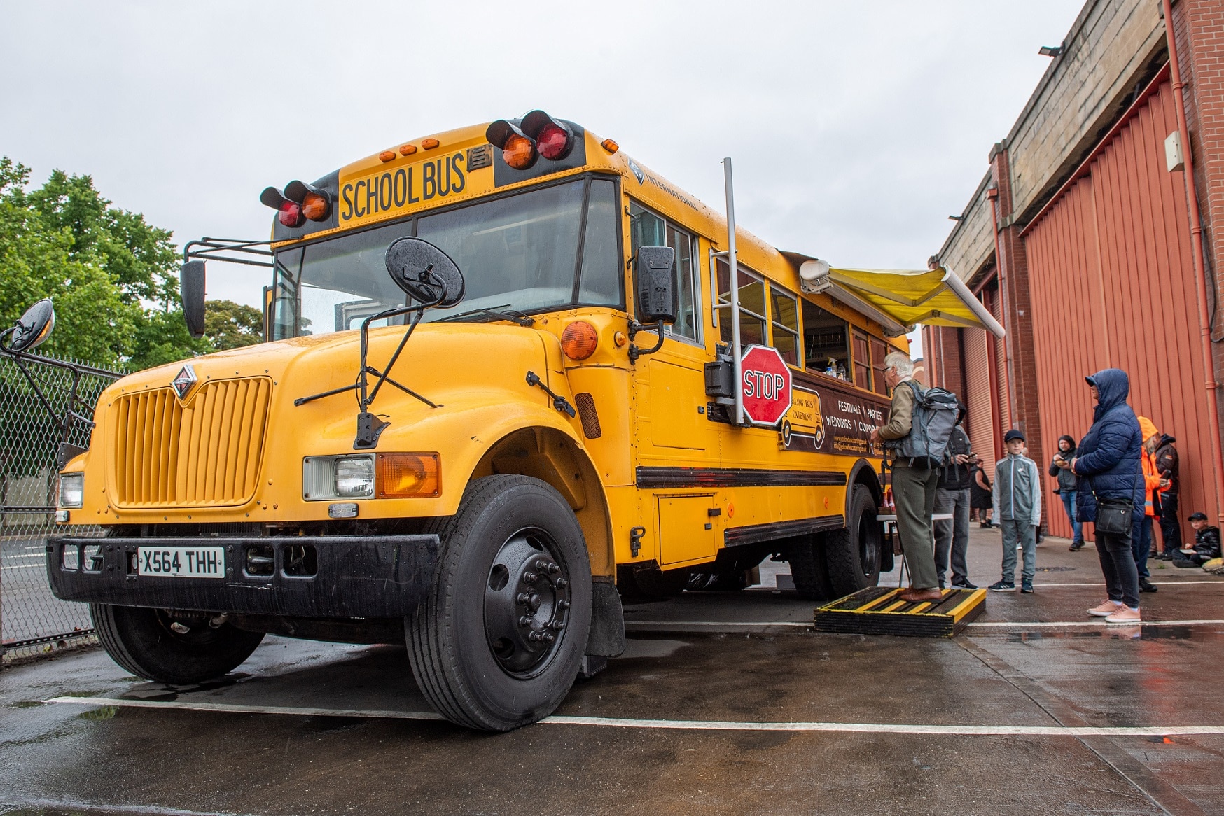 International school bus acting as a food truck