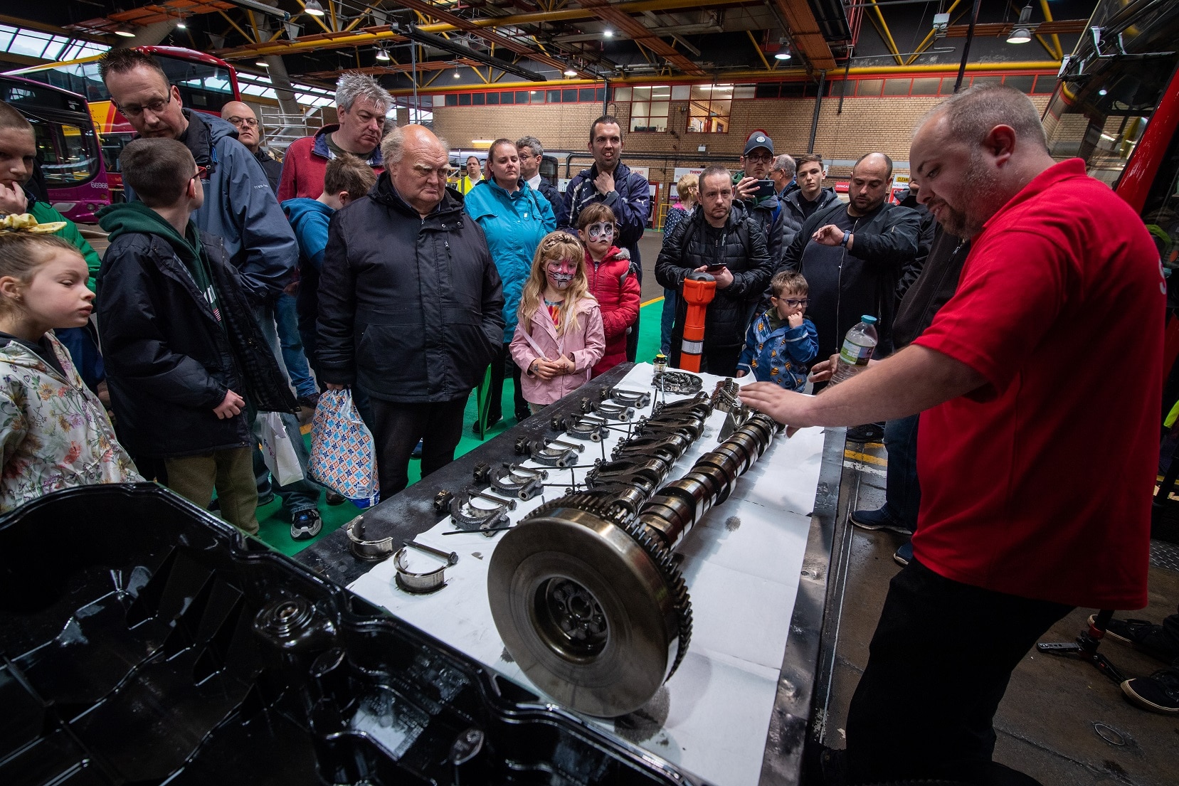 Visitors view engine components at the First Doncaster charity open day
