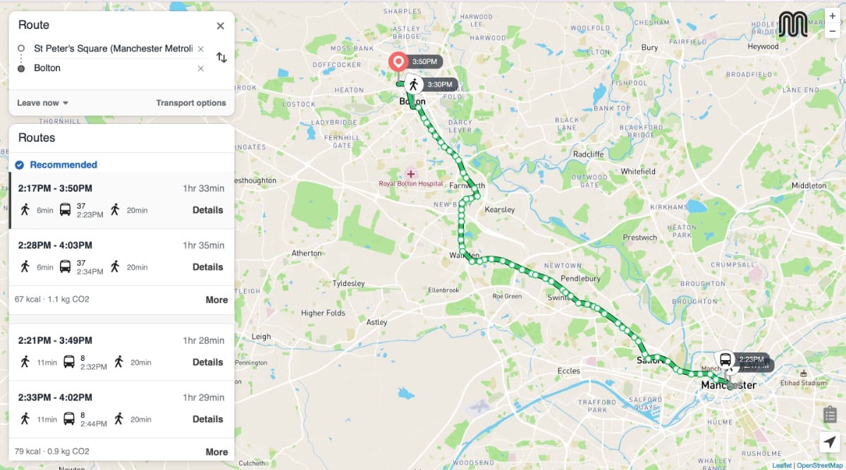 SkedGo journey planner on TfGM website