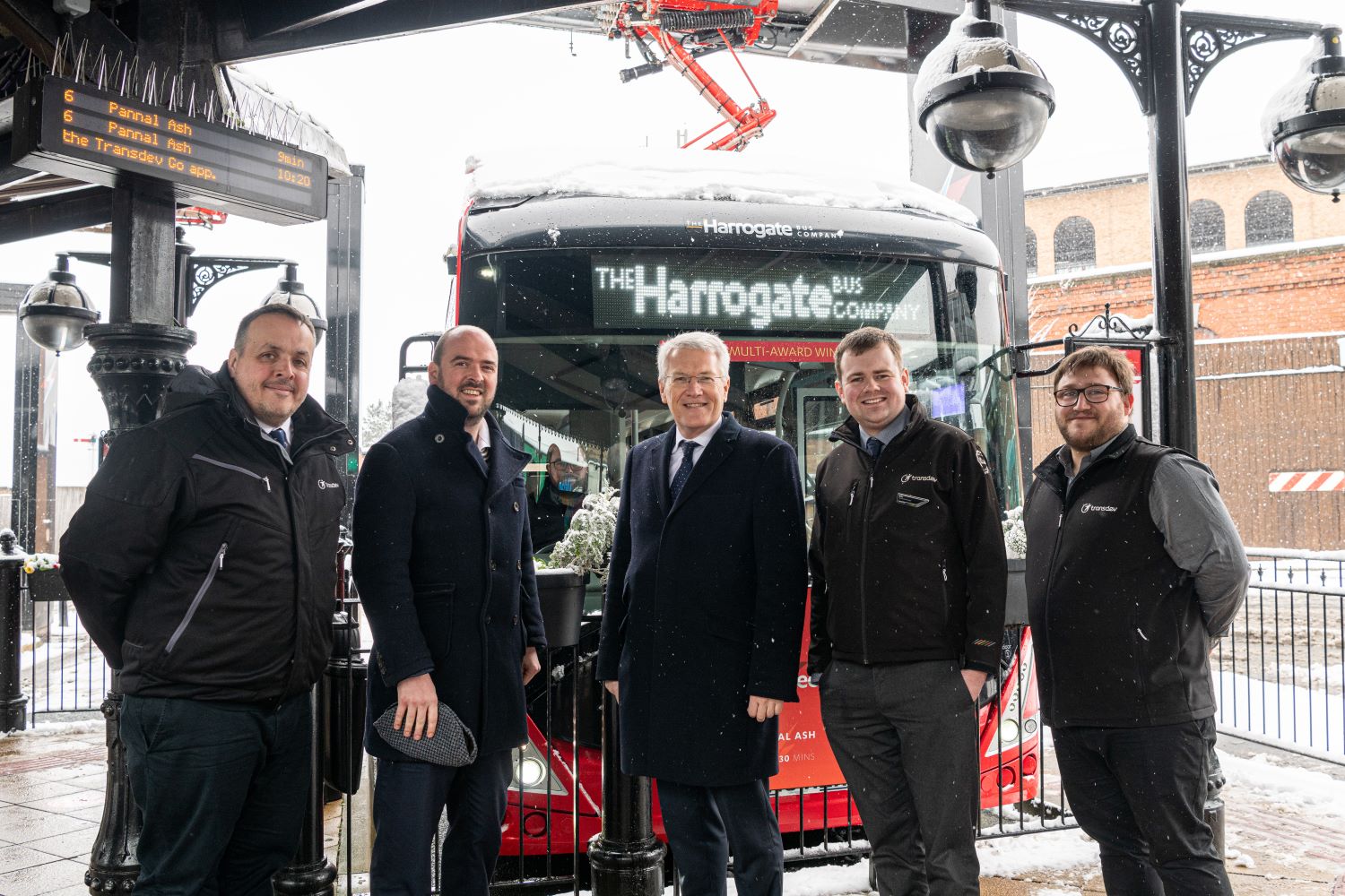 Transdev Operations Director Vitto Pizzuti,, Richard Holden MP, Andrew Jones MP, Transdev Commercial Director Matt Burley and Transdev Training Manager Dale French