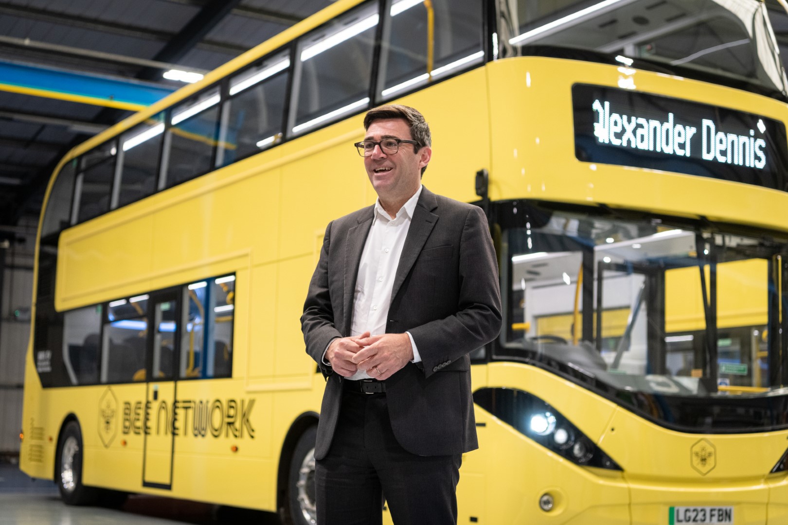 Andy Burnham with Bee Network electric bus