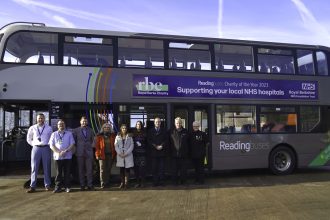 Reading Buses bus showing Royal Berks Charity banner