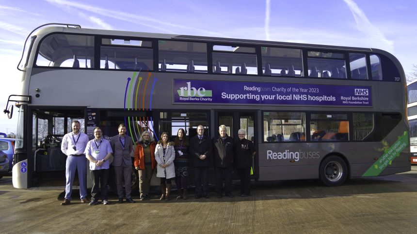 Reading Buses bus showing Royal Berks Charity banner