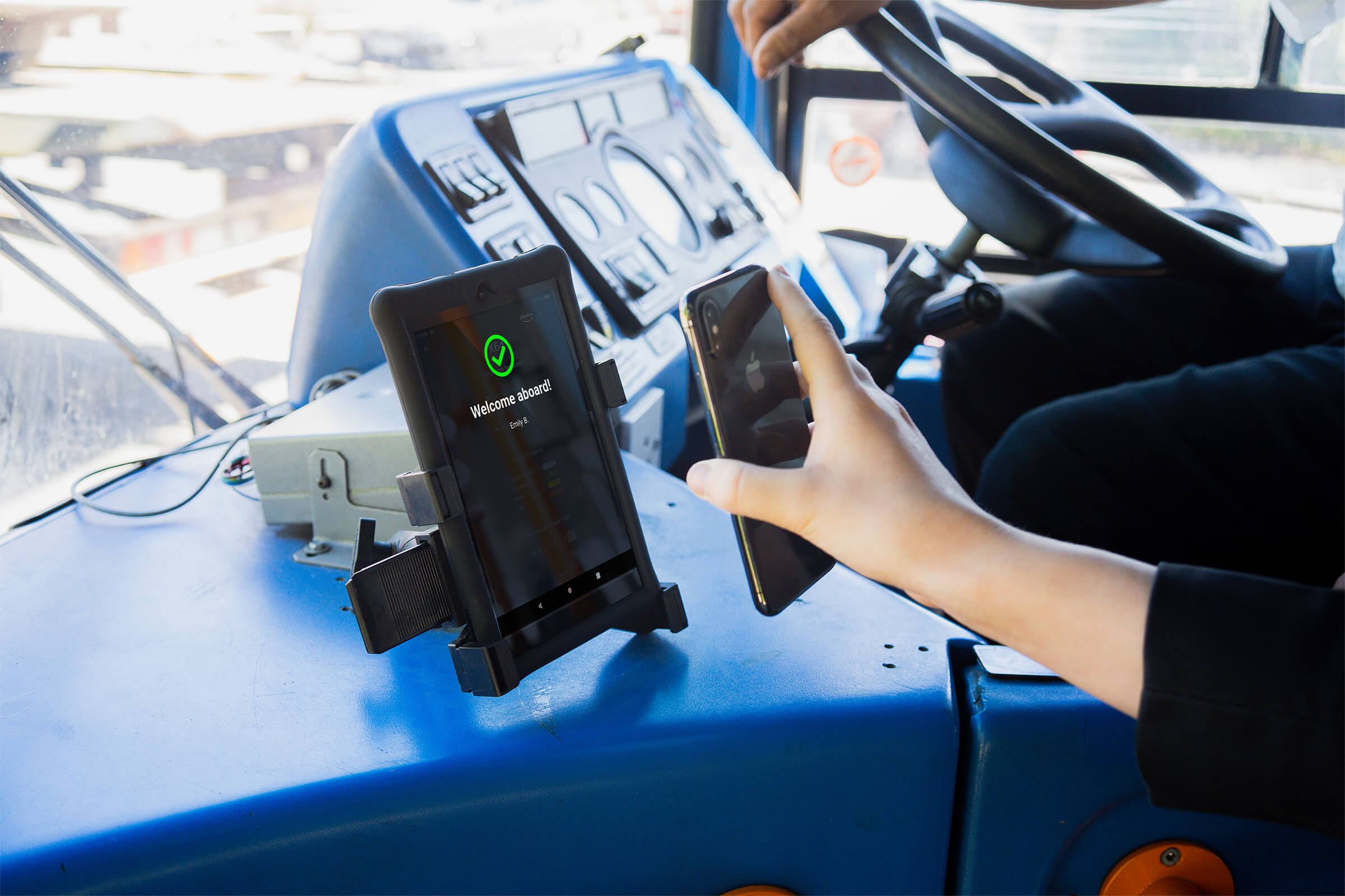 ShuttleID uses the driver’s phone or tablet app rather than an ETM