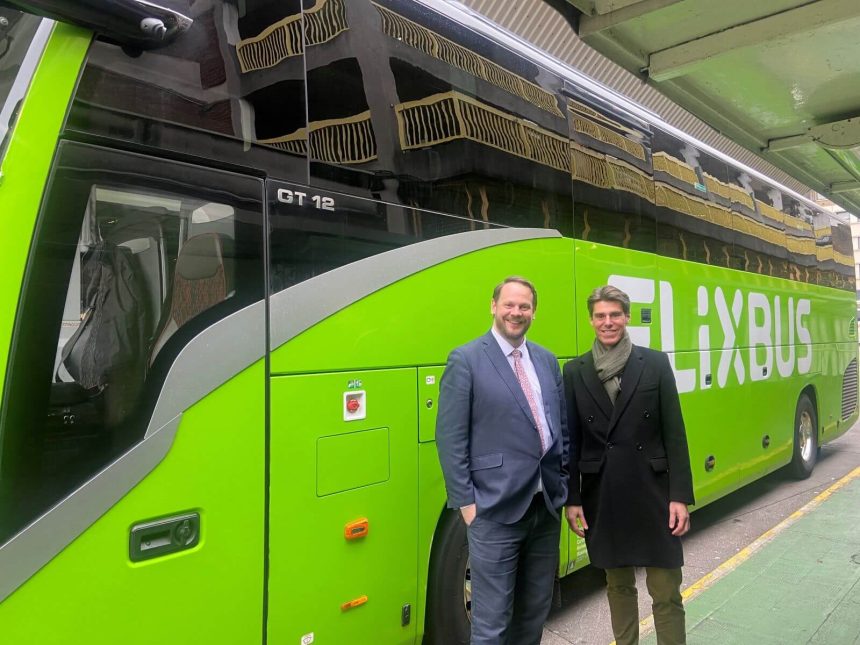 Shadow Bus Minister Simon Lightwood and FlixBus MD Andreas Schorling