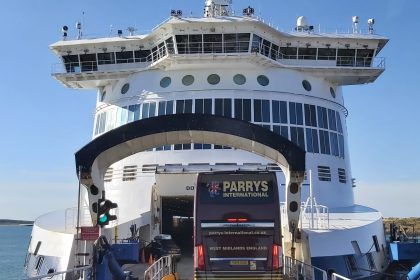 Photo of a Parrys Internation coach boarding a ferry at Port of Dover