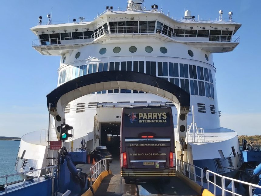 Photo of a Parrys Internation coach boarding a ferry at Port of Dover