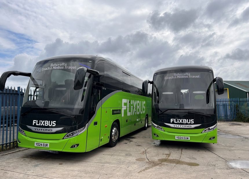 Yutong GT12 pair in FlixBus livery for Ashcrofts Mini Travel