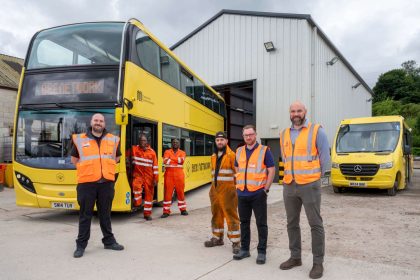 Paul Townley (right) with Aaron Taylor show off the new workshop with (from left) Alain Eyre, Stores and Depot Assistant and Mechanics Ozzy Kuzchoka, Charlton Manzini and Kyle Hewitt.