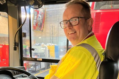 Mike Thomas, National Express West Midlands union chairman, tries out the seat from Chapman Seating