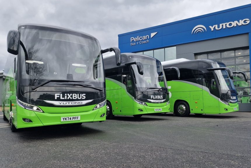 Yutong GT12 coaches in FlixBus livery for Belle Vue Manchester