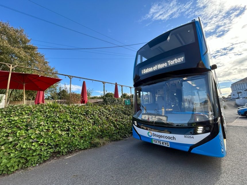 Stagecoach South West Alexander Dennis Enviro400EV in debut at Baton of Hope event in Torbay