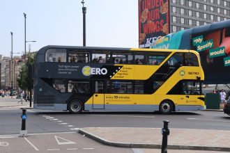 Hydrogen fuel cell electric bus seen in Liverpool city centre