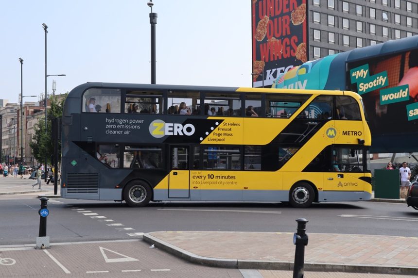 Hydrogen fuel cell electric bus seen in Liverpool city centre